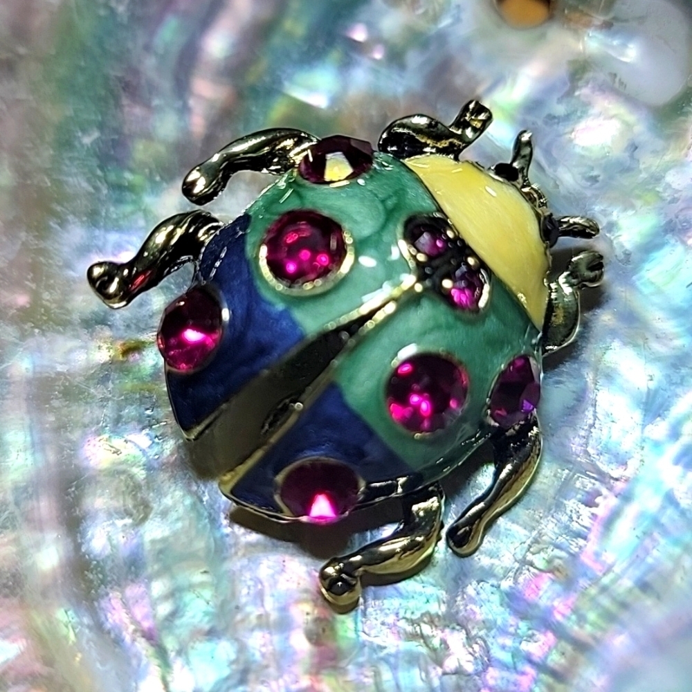 NEW 🐞 Rainbow Colored Beatle Lady Bug Womens Pin Brooch Red Rhinstone Gold Tone